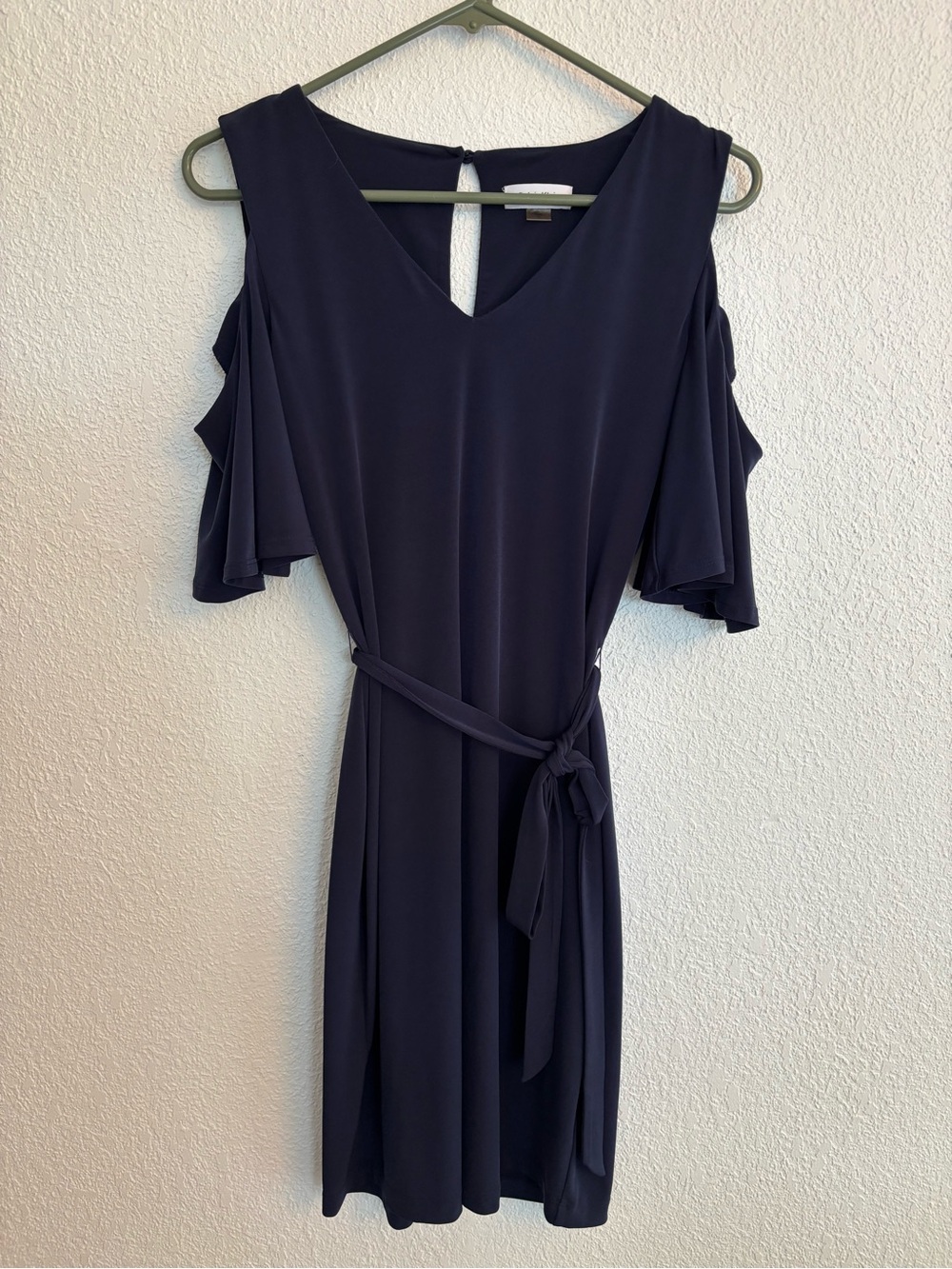 Calvin Klein Navy Cold-Shoulder Midi Dress with Tie Waist